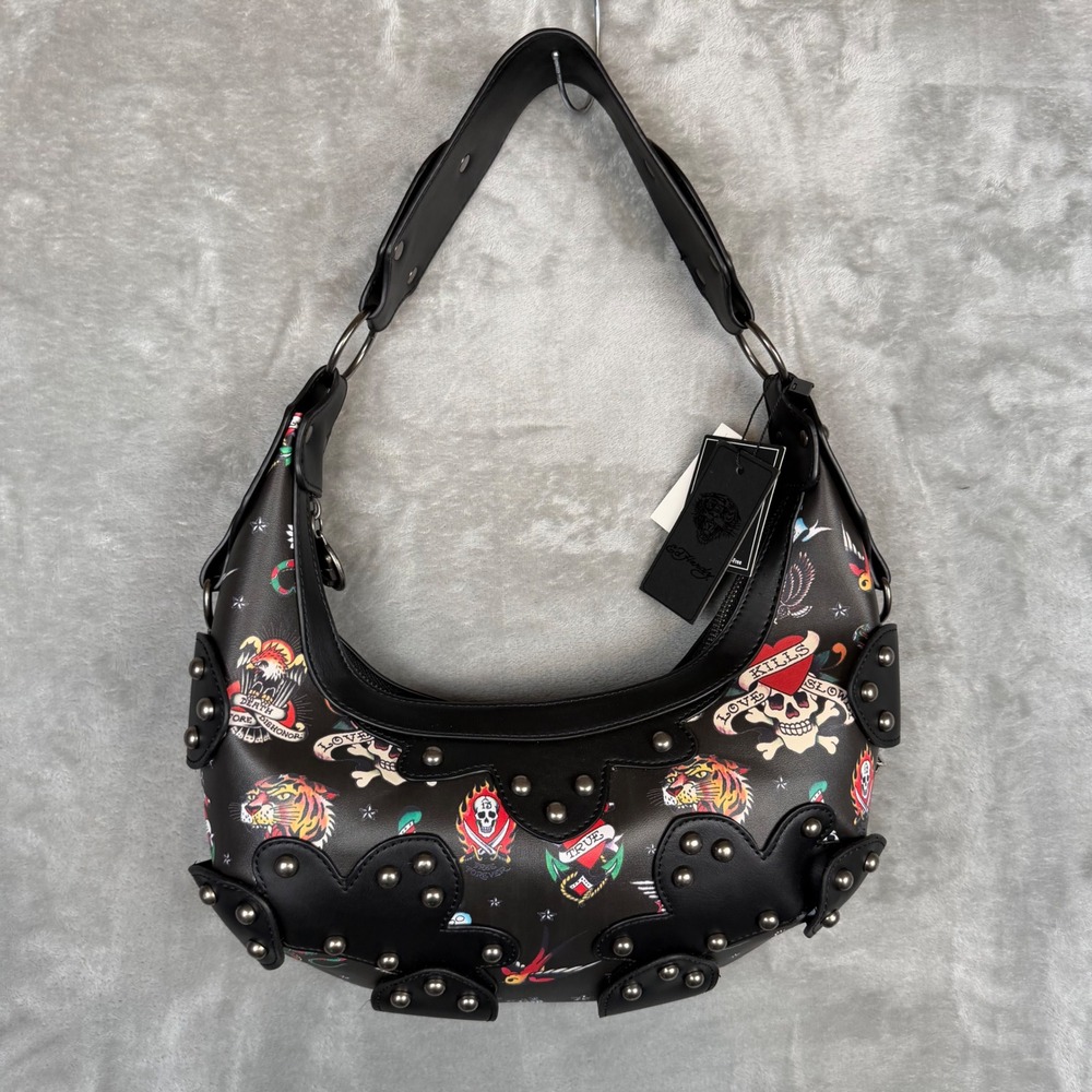 Ed Hardy Tattoo Print Hobo Bag Black Studded Love Kills Slowly Cross Charm NWT